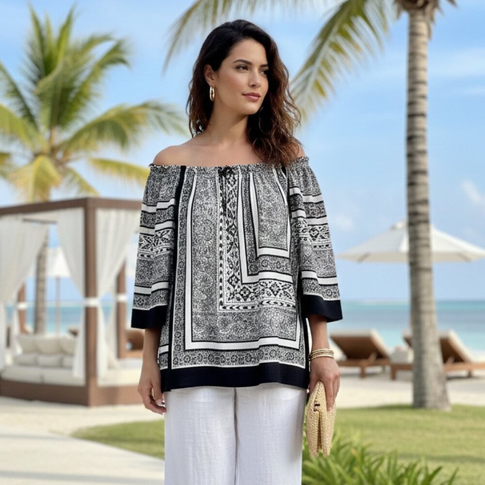 Chico’s Black & White Boho Off-Shoulder Top